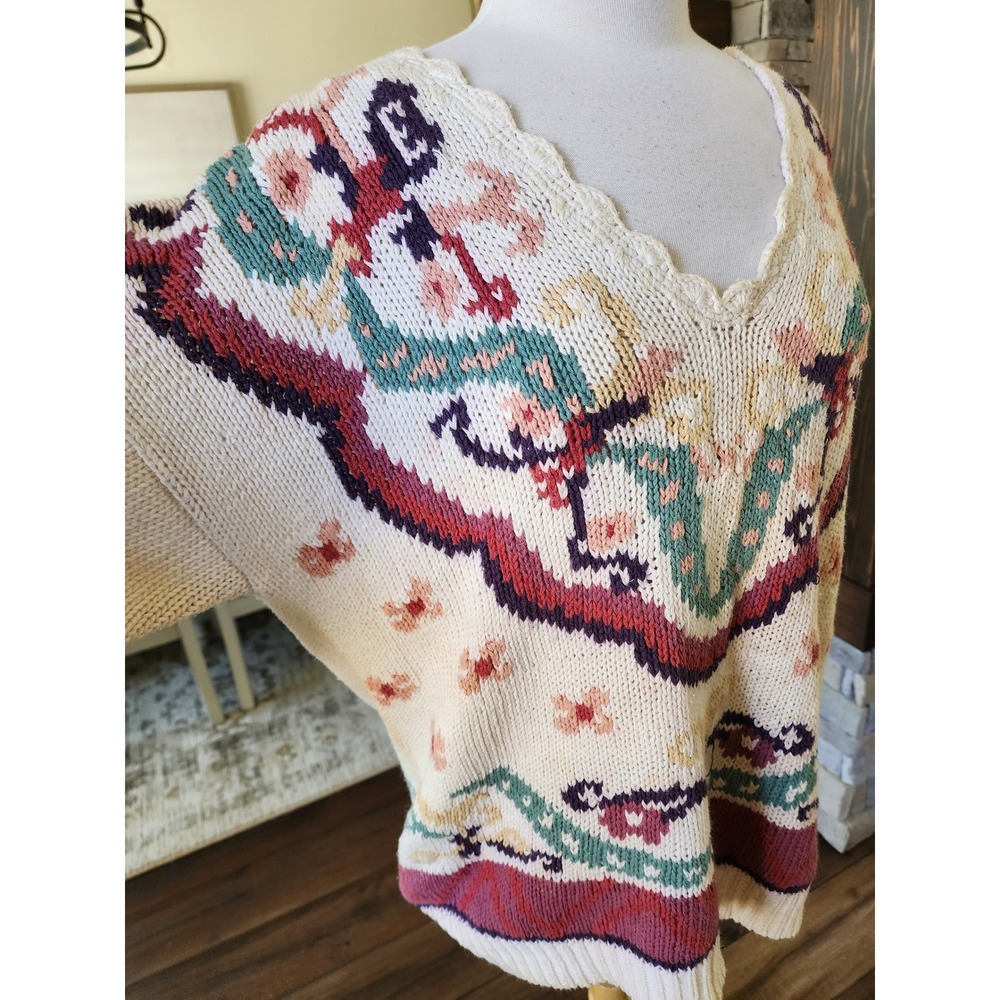 Vintage 90s Hunters Run Cottagecore Granny Floral Scalloped V-Neck Knit Sweater - Picture 4 of 11